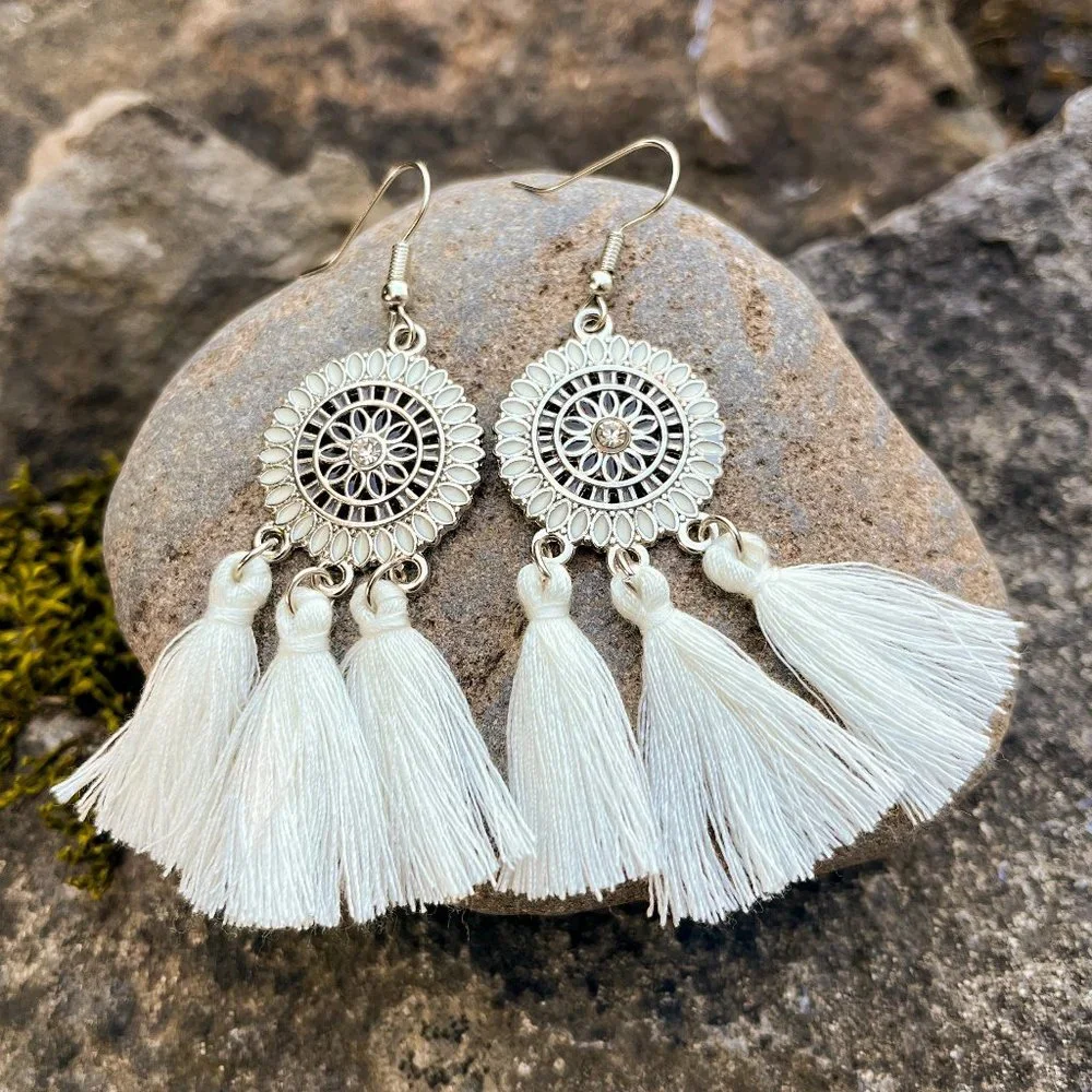 Flower Bohemian Fringe Tassel Earrings Cream - Picture 3 of 5